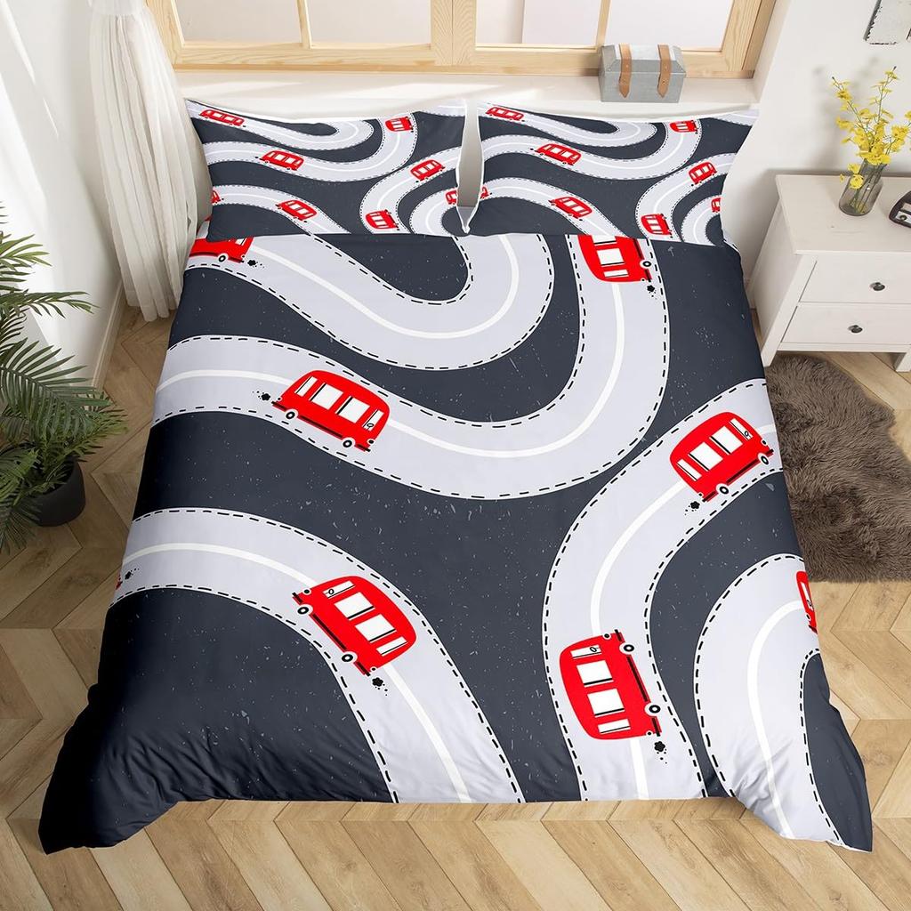 Racing Car Track Duvet Cover Queen for Kids Boys,Construction Vehicle Grey Bedding Set Red Cars Road Traffic Quilt Cover 3 Pcs