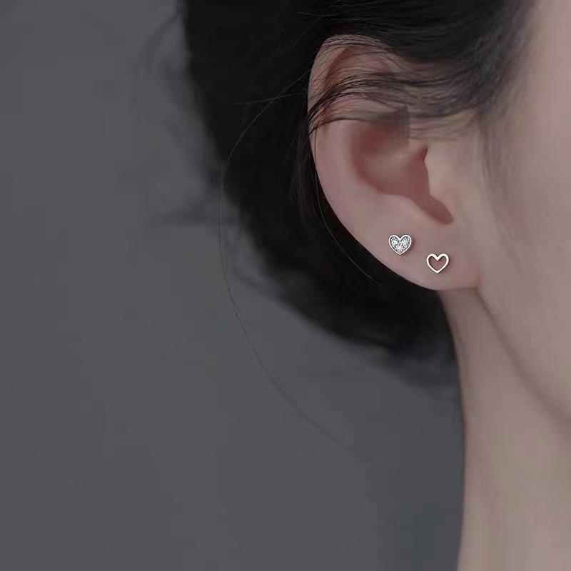 Real 925 Silver Zircon Hollow Heart Mini Stud Earrings For Women Trendy Fine Jewelry Small Niche Luxury Accessories