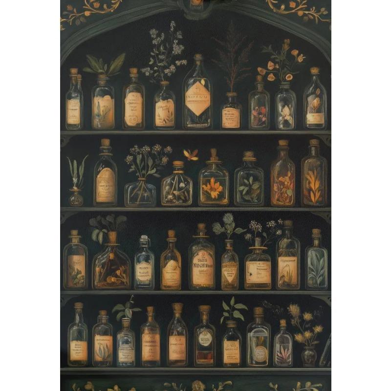 Apothecary Vintage Jars Dark Antique Oil Painting Posters Canvas Printing Goth Wall Art Picture for Witch Kitchen Decor Gifts 21X30CMNo Framed