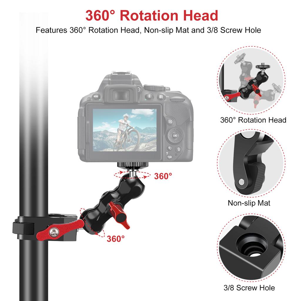 Super Clamp Camera Clamp Mount Monitor 360° Ballhead Magic Arm Double Ball Head Adapter for DSLR Camera/Gopro/LED Lights/phone