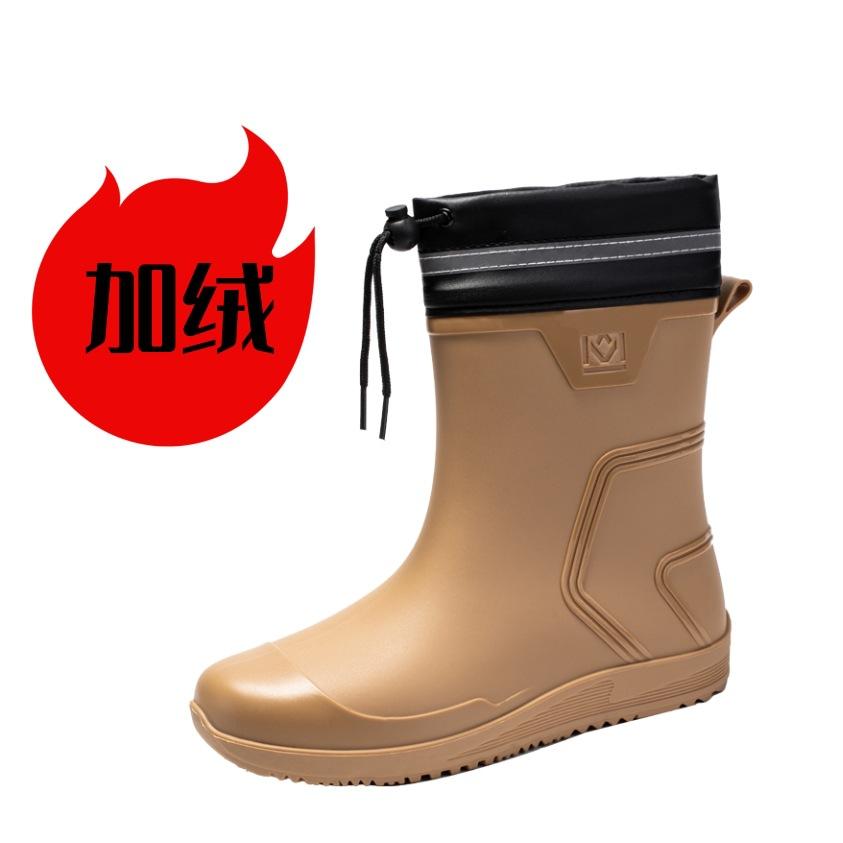 Water shoes rain shoes men's medium tube waterproof mouth bundle rubber shoes rider overshoes velvet warm rain boots