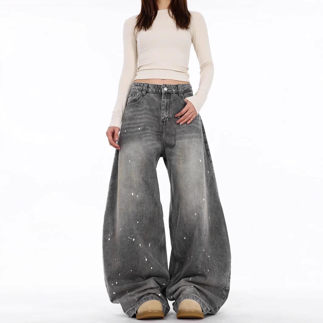 

Unisex Vintage Distressed Grey Splatter Cutlass Jeans - Trendy American Street Style, Loose Fit XL серый