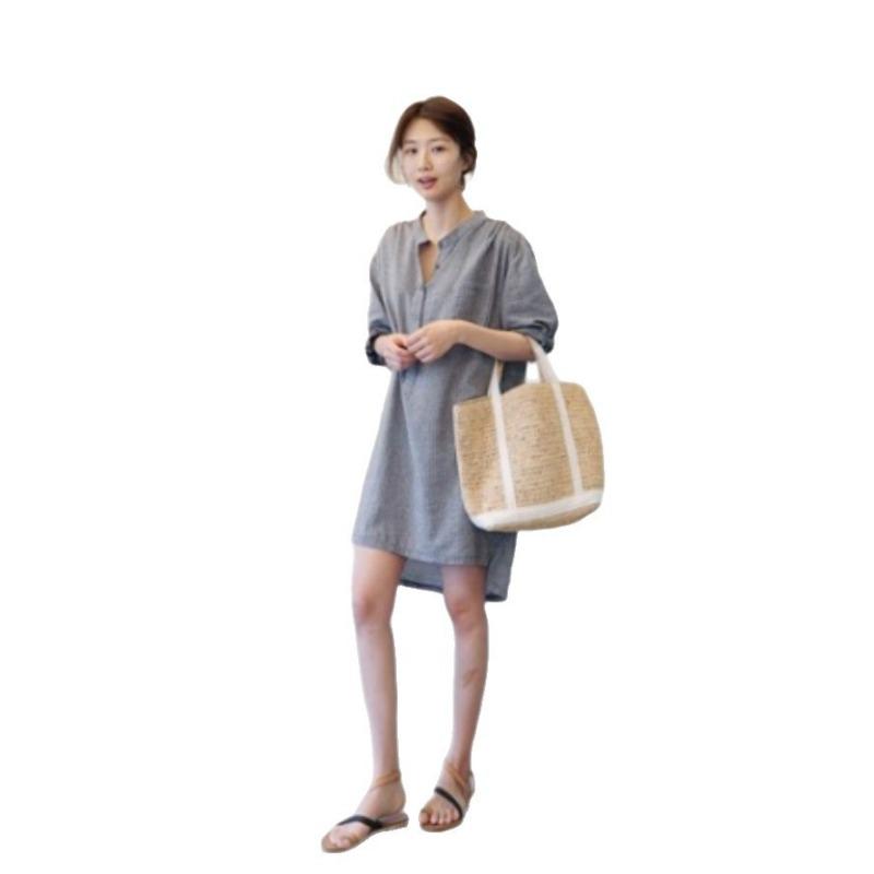 Striped Shirt Dress for Women Five-quarter Sleeves Irregular Shirt Dress with Short Front and Long Back