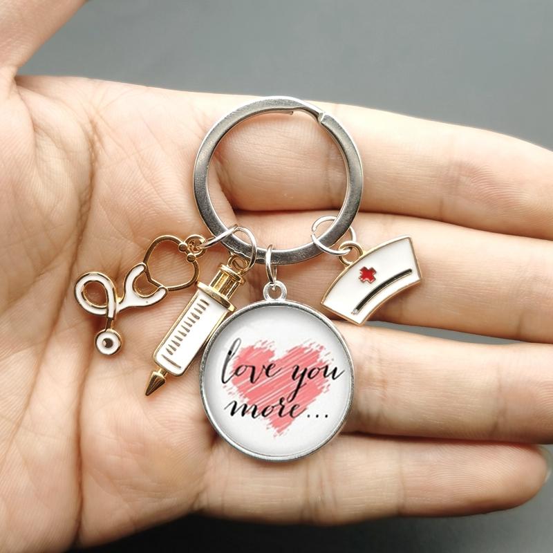 Paint Fashion Creative Nurse Medical Syringe Stethoscope Image Keychain Glass Suitable Nurses and Doctors Key Ring Pendant Gift