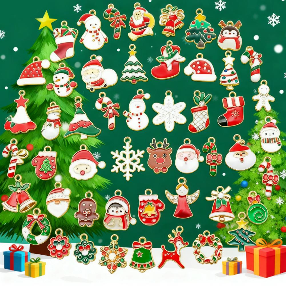Mix 50 Pieces Christmas Charms for Jewelry Making,Assorted Alloy Enamel Xmas Pendants for DIY Necklace Earrings,Xmas Tree Charms