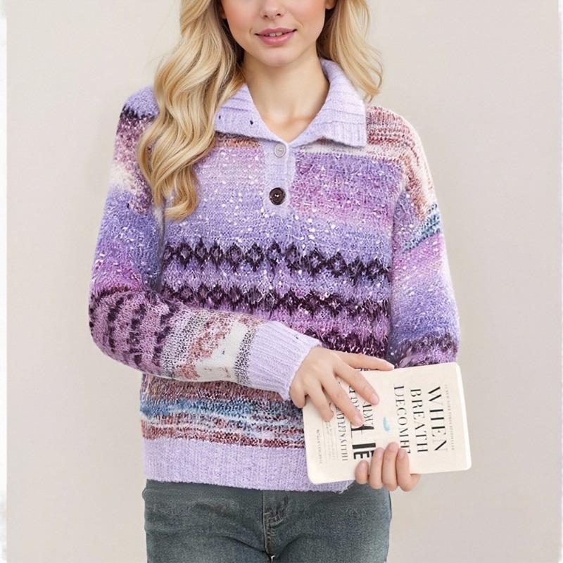 Wind lapel gradual change sweater women's autumn and winter new Fair Island jacquard bright silk design loose knitted sweater