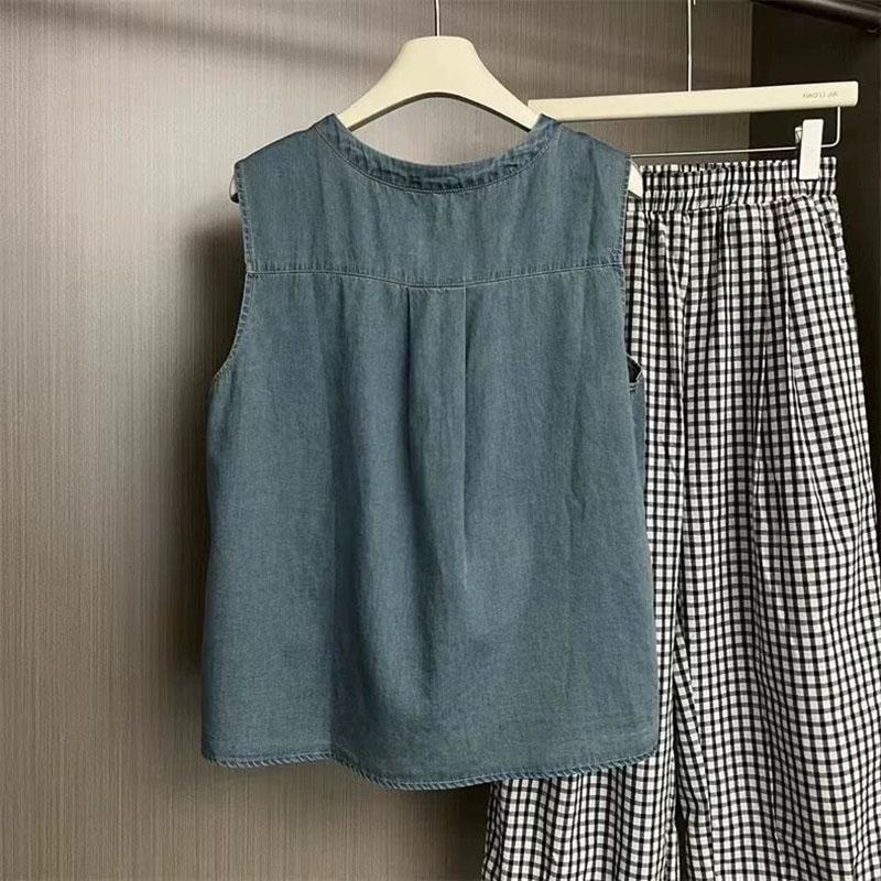 Women Suit 2PC Set Cotton T-shirt and Pants Sleeveless Shirt Denim Jean Oversize Loose Casual Summer Suit Two Pieces Top Pants