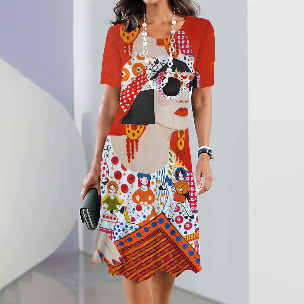 2024 New 3D Face Print Dresses For Women's Elegant Midi Dresses Summer Female Short Sleeve Dress Fashion Oversized Clothes