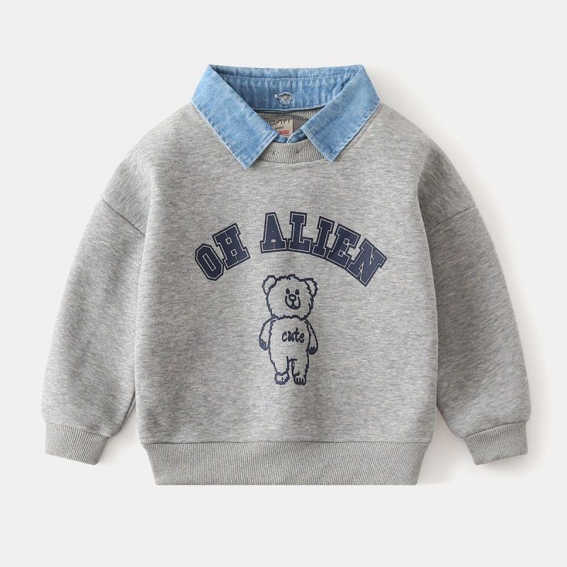 Kids False Two-Piece Sweaters Fleece-lined Children's Clothing Boys' Denim Collar Polo Tops Boys' Polar Fleece Lapel Clothes