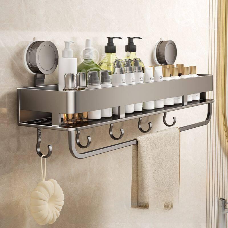 Modern Minimalist Suction Cup Bathroom Shelf With Hooks For Home Organization