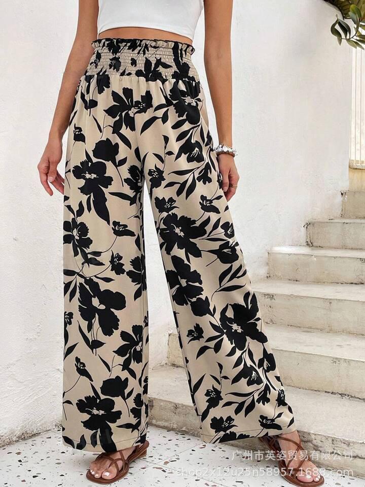 Damen Blaue Weite Hose mit Hohem Bund und Blumendruck
