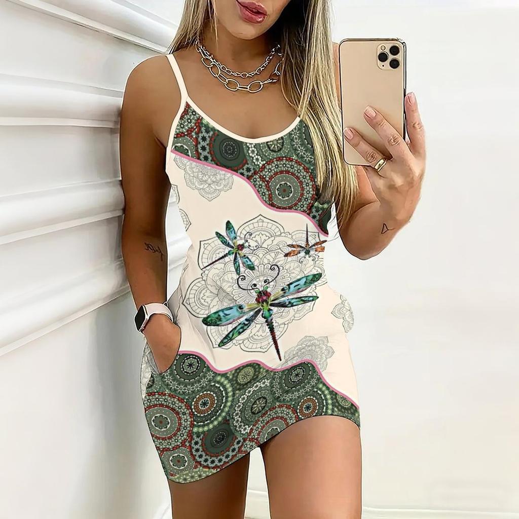 Summer New Flower Dragonfly and Butterfly Dragonfly  Patterns  Print Sleeveless Bodycon Dress with Pockets Sexy Slim Fit Elegant Party Dress
