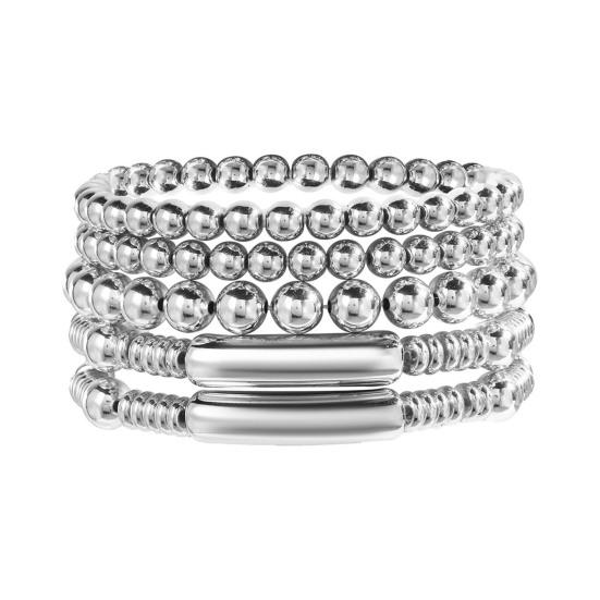 

5 шт. набор женских многослойных браслетов блестящие разные размеры сплав бусины эластичный шнур водонепроницаемый полированная поверхность запястье ювелирные изделия для клубной вечеринки серебряный