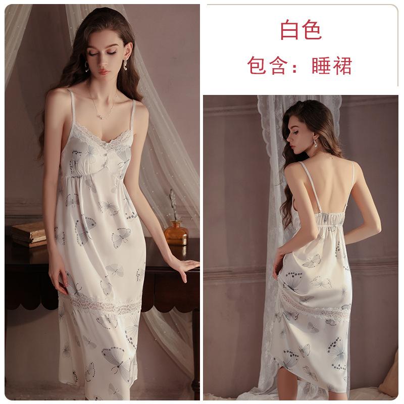 Women's Silky Butterfly Print Push Up Padded Sleep Dress with Robe Lounge Set
