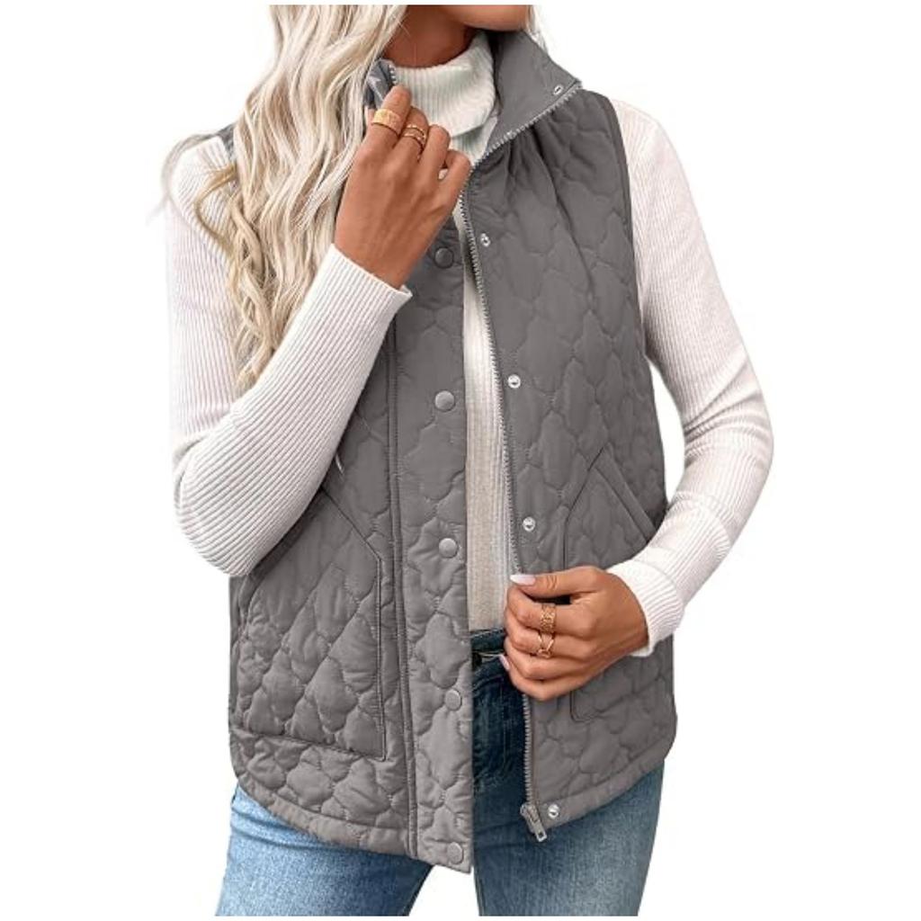 Women's Fashion Quilted Sleeveless Short Vest with Stand Collar Buttons and Zipper