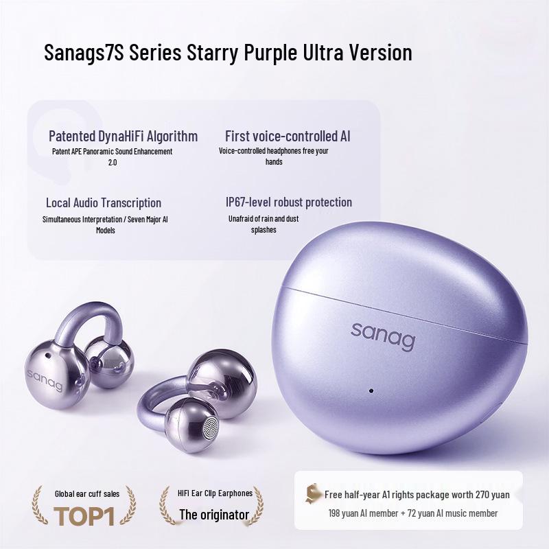 Sanag S7S Bluetooth Ear Clip Earphones with AI Translation and Air Conduction for 2025 Sports - Open, Not In-Ear Design