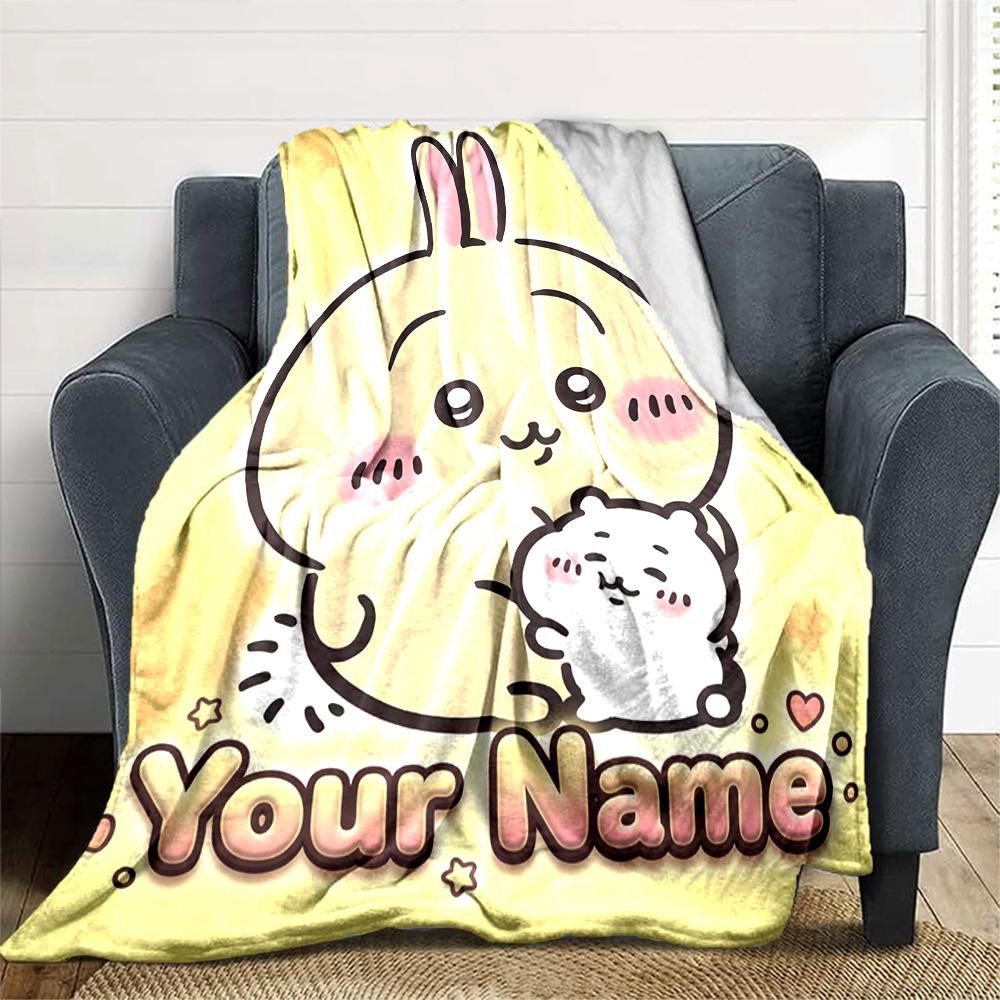 1pc Chiikawa Blanket with Custom Name, Gift, for Men and Women, Soft Blanket, Good for Sofa Bed Couch Travel, Lightweight Flannel Blanket