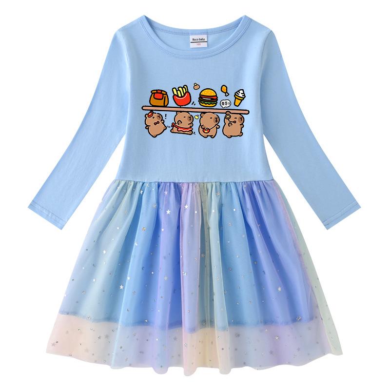 Korean Style Children's Princess Dress with Stars, Rainbow Sequins, Mesh Pleats, Short/Long Sleeves for Spring, Summer, Autumn