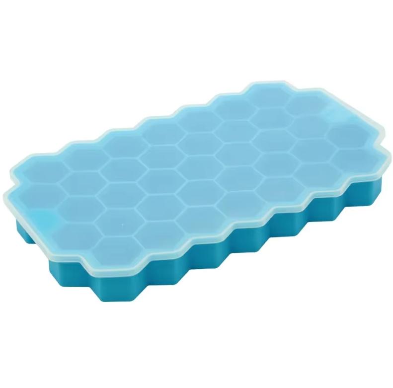 

37-Cavity Honeycomb Silicone Ice Cube Tray, Food-Grade Easy-Release with Removable Lid for Iced Coffee Cold Drinks (Blue/Green)