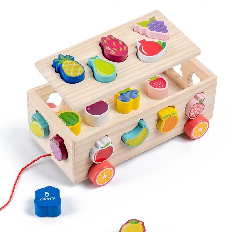 Wooden Educational Toy Multifunctional Intellectual Trailer Box Shape Porous Cognitive Pairing Color Geometric Building Block Car