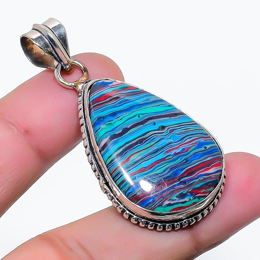 Natural Rainbow Calsilica Gemstone 925 Sterling Silver Pendant 1.85" AP-15755