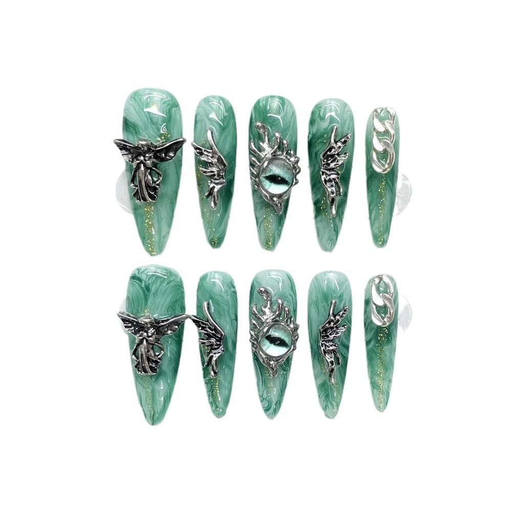 100% HANDMADE Long Pointed Stiletto Fake Nail Art Liquid Wings Angel Eyes Dark Green Smudged Phototherapy Nails Reusable and Removable Nails