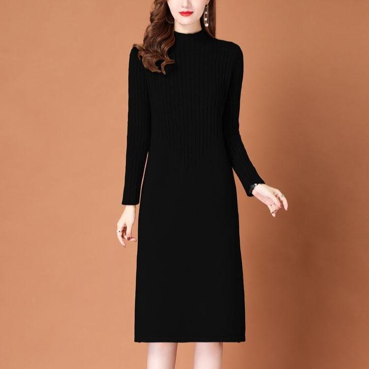Trendy jednobarevné pletené šaty pro ženy na podzim a zimu Slim svetr s polovičním rolákem Ležérní pletený svetr s dlouhým rukávem