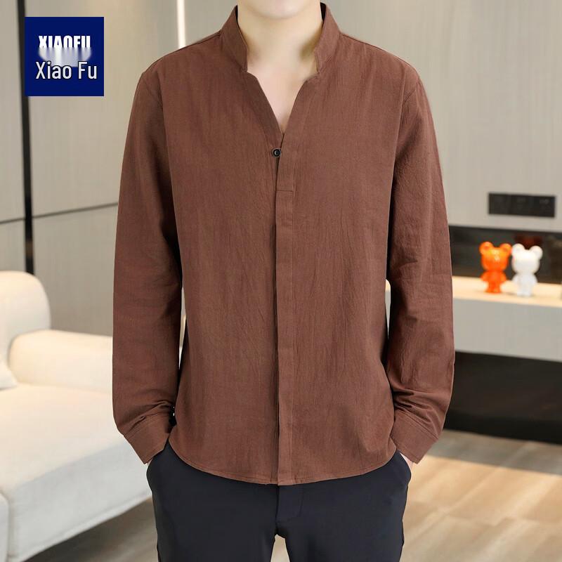 

Мужская повседневная рубашка с длинным рукавом и воротником-стойкой из смесовой льняной ткани XL