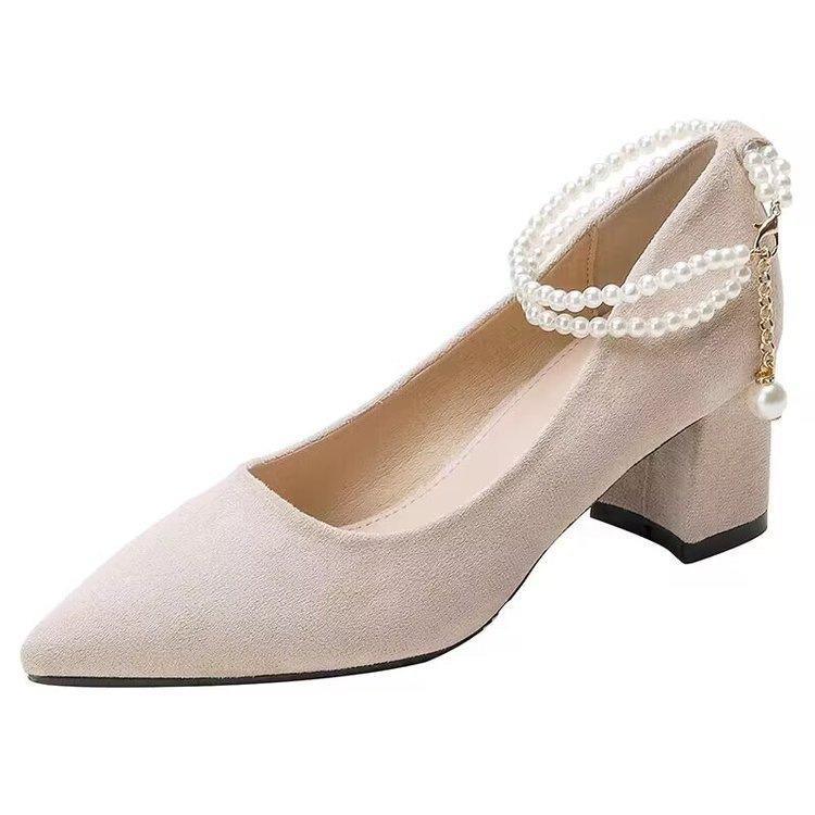 French design pearl high heels autumn new fairy style niche temperament thick heel single shoes