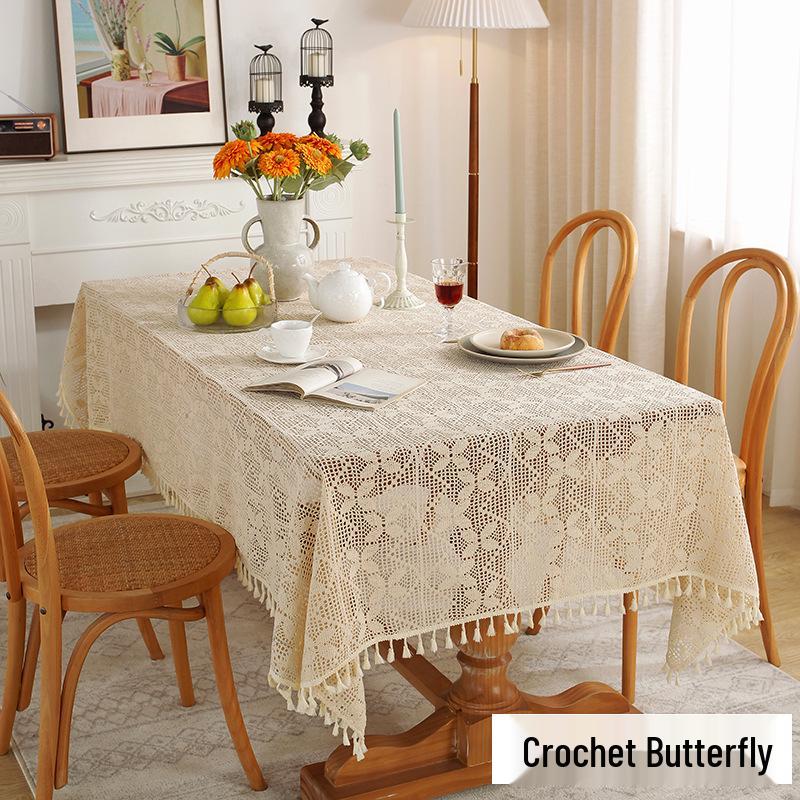 American Retro Beige Crochet Tablecloth - Knitted Non-Slip Hollow Design