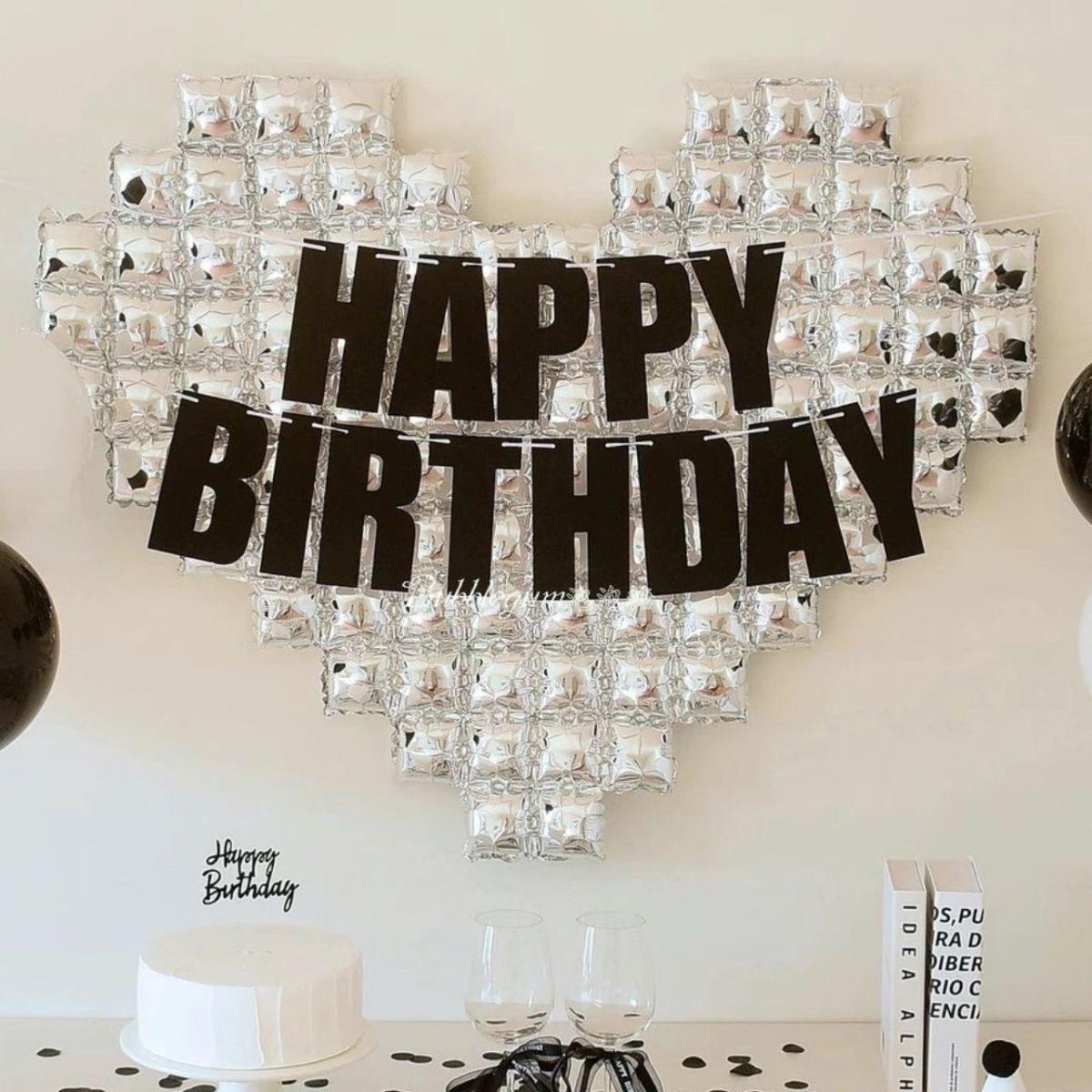 

Happy Birthday Decorations: Oversized Silver Mosaic Heart Backdrop Balloons Black Glitter Banner Other