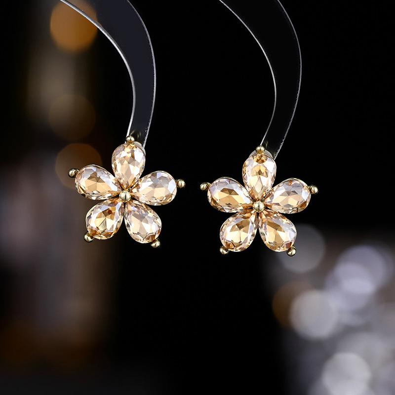 925 Silver Needle Flower Crystal Earrings, Korean Style High-End Zircon Studs, Sweet Dopamine Design for Women