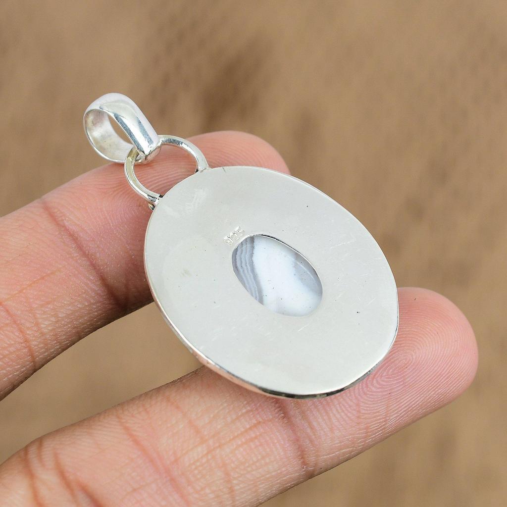 Mothers Day Sale Oval Botswana Agate Gemstone Sterling Silver Unique New Pendant
