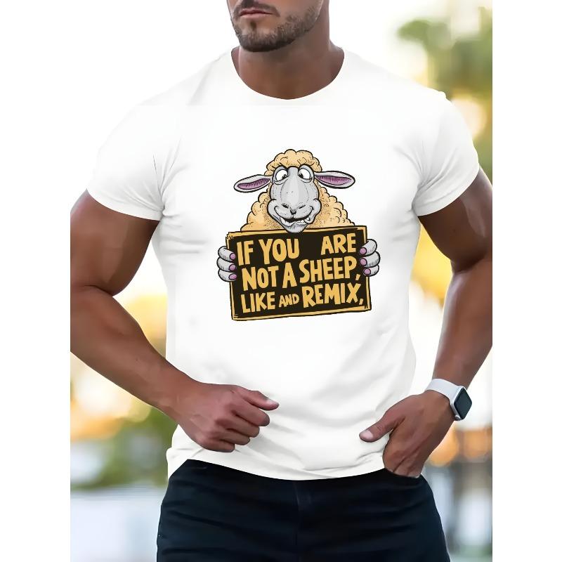 European Size IF YOU ARE NOT A SHEEP Letters Print Men's Crew Neck Short Sleeve Tee Fashion T-Shirt, Casual Comfy Breathable Top