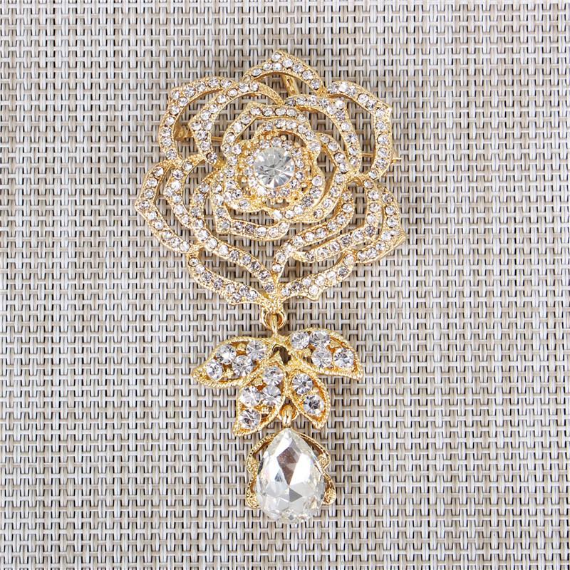 DIEZI Luxury Gold Silver Color Crystal Flower Bridal Brooches for Wedding Women Party Rhinestone Bouquet Water Drop Brooch Pins
