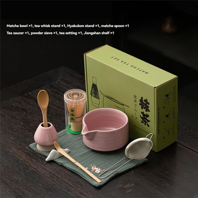Pink Japanese Matcha Tea Set 8 Piece Matcha Powder Kit Matcha Bowl Set Whisk Accessoriesholder For Tea Lovers Tea-Making