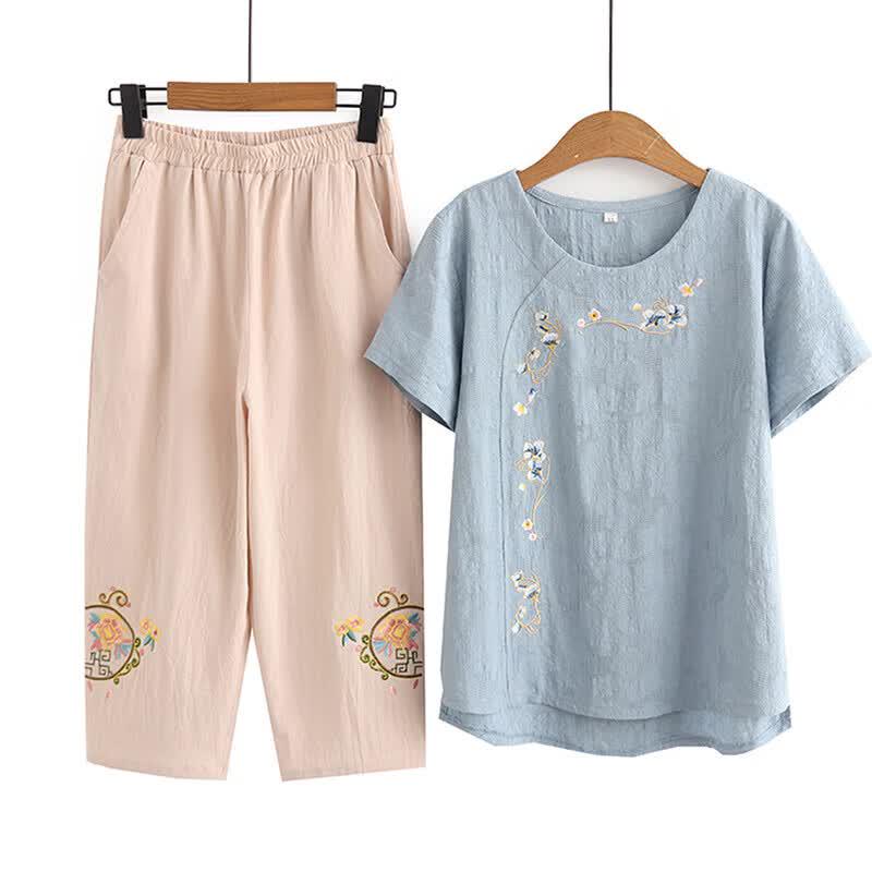 Women's Floral Pure Cotton Short Sleeve Summer Two-Piece Set