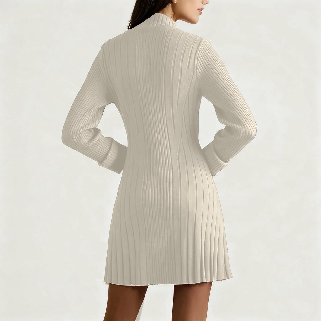 Women's Long-Sleeve Half-High Neck Elegant Playful A-Line Knit  Dress