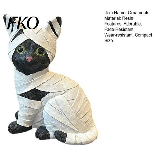Horror-themed Decor Mummy Black Cat Resin Figurine, Halloween Kitten Statue with Big Eyes & Wrapped Bandages, Sculpture Cute Desk Shelf Ornament