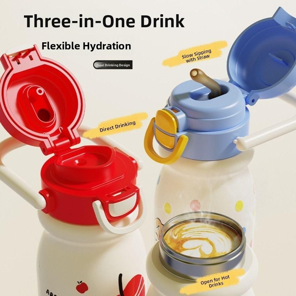 With Handle Insulated Cup Large Capacity Cartoon Straw Cup Portable Vacuum-insulated Bottle  Travel