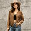 Women Western Fringe Rivet Jacket Faux Suede Long Sleeve Open Front Cropped Coat Vintage Cowgirl Style Casual Outerwear for Ladies