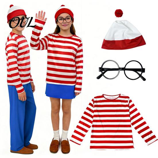 Costume Gioco di Ruolo per Bambini Adulti Halloween Camicia a Righe Rosse Bianche per Adulti Bambini, Occhiali da Secchione Outfit per Festival Cappello Incluso, Uomini Donne Bambini