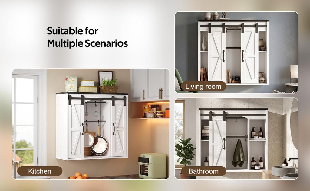 Armario de Pared para Cocina con 2 Puertas Correderas y Estantes Ajustables, Armario de Pared de Almacenamiento para Sala de Estar, Baño y Lavadero, 80 × 31 × 76 cm
