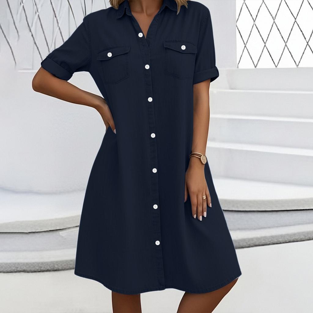 Women’s Button Down Shirt Dress with Short Sleeves Front Pockets Casual Loose Fit Tunic Knee Length