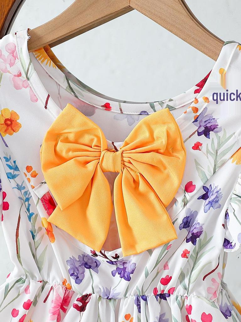 Girls' Summer Puff Sleeve Dress with Back Bow Decoration - Sweet and Trendy Hot Seller