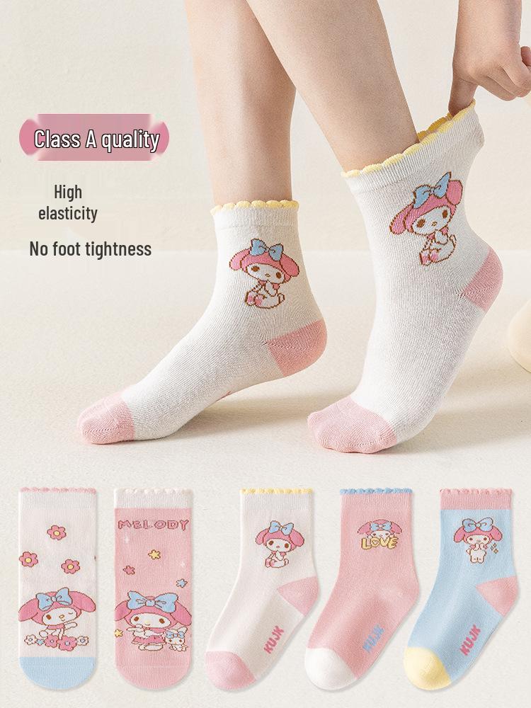 My Melody Girls' Cute Cartoon Mid-Calf Cotton Socks - Thin for Autumn & Winter