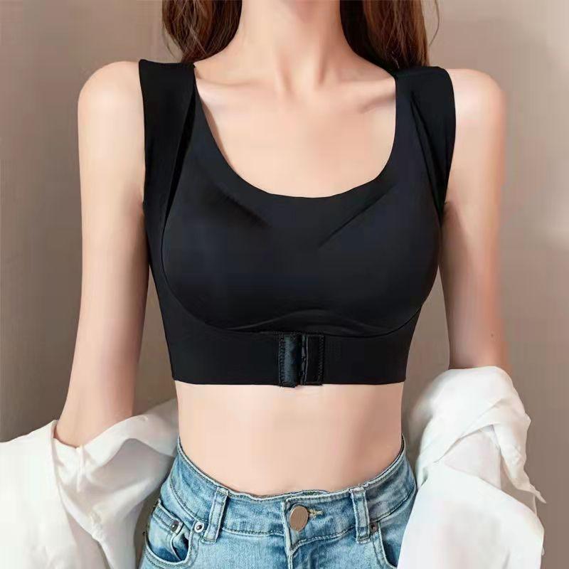 

Спортивное нижнее белье Женское корректирующее белье для горбатой Корректирующее белье без стального кольца Фитнес-бюстгальтер со сборами и закрытием груди Бесшовный бюстгальтер Жилет с перекрестными бретелями Майка для йоги M чёрный