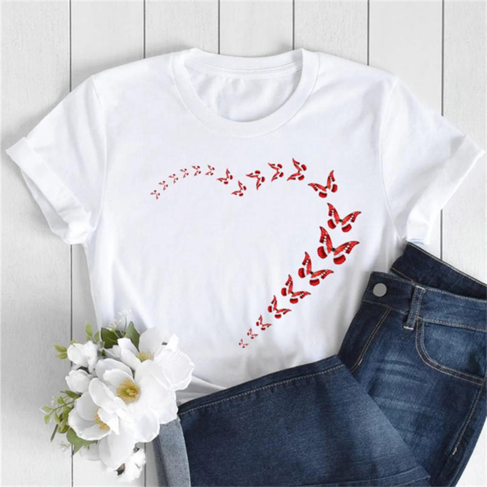 New Women T Shirt Fashion MOM Butterfly Floral Print Tshirt Casual Short Sleeve Tops Tee Women T-shirts 90s Lady Female T Shirt