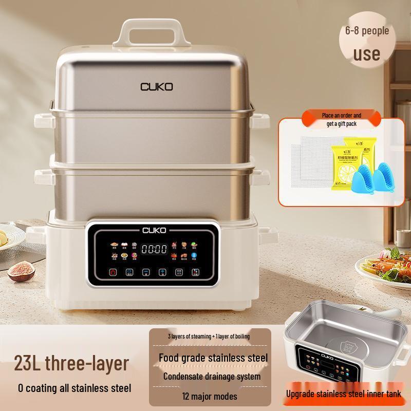 CUKO Intelligenter mehrschichtiger elektrischer Hot Pot und Dampfgarer: All-in-One Schmor-, Dampf-, Dreischicht-Haushaltsgerät.