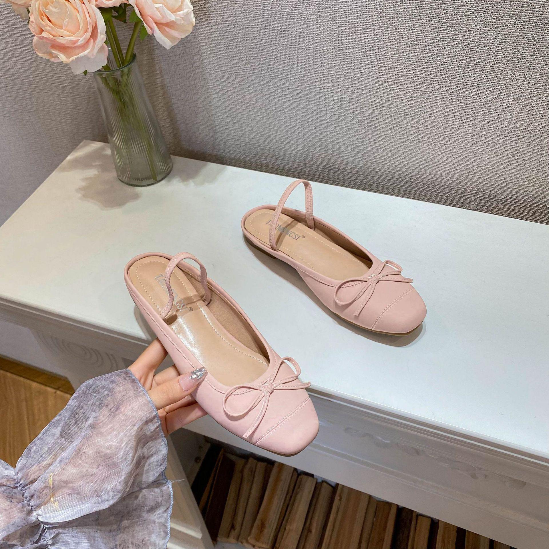 

- Дві носити квадратна голова бант баотоу балетки з відкритою п ятою жіночі напівшльопанці 43 рожевий